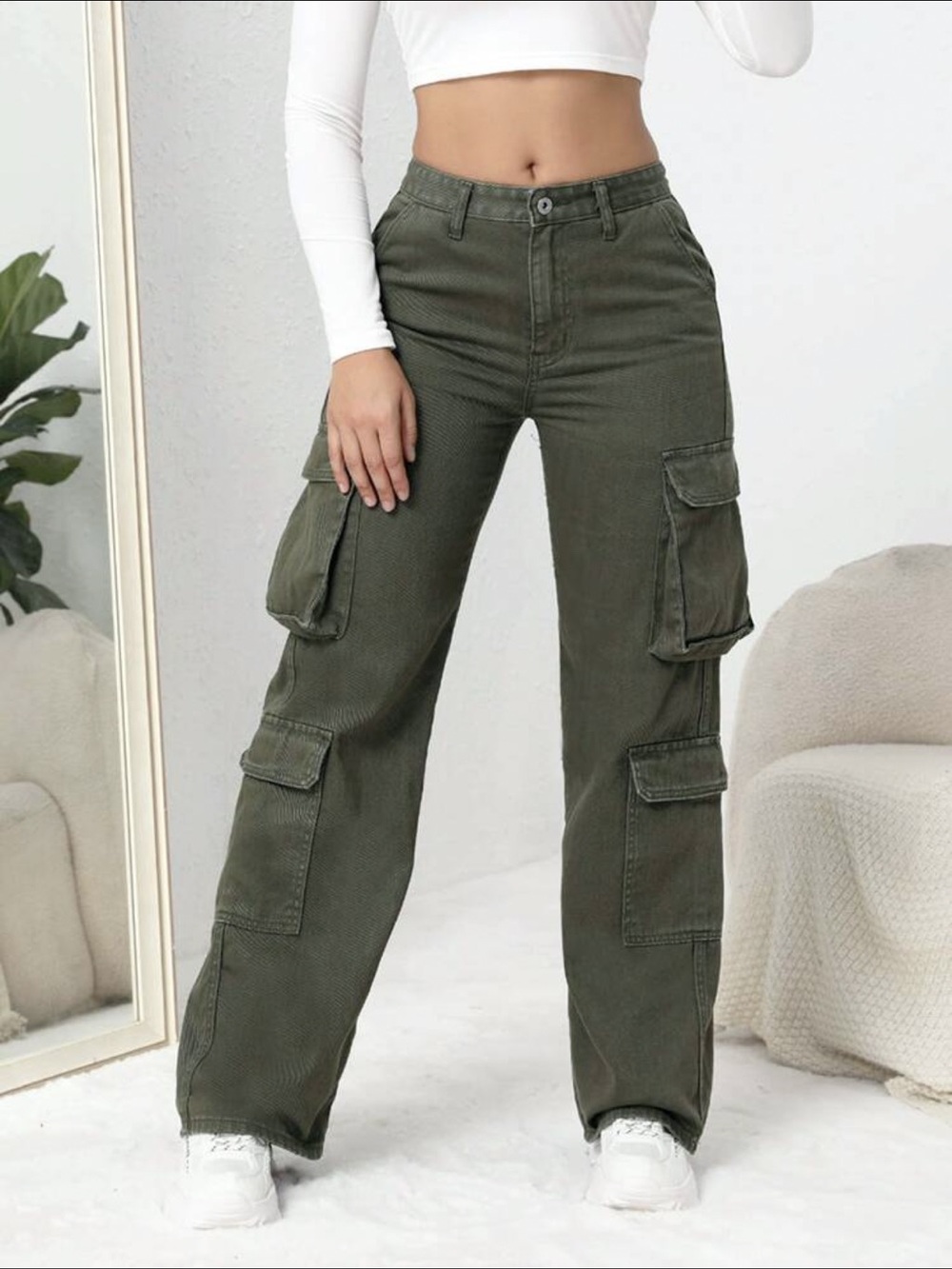 SHEIN Olive Green Women's Cargo Jeans - Wide Leg